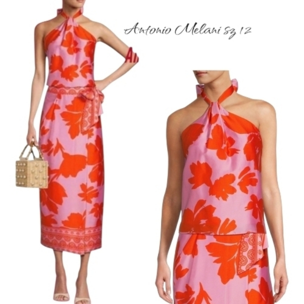 NWT Antonio Melani Tara Floral Pink Orange Silky Halter Skirt Set 12